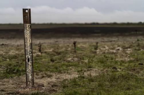 Un contador de agua se encuentra en un humedal seco en el parque natural de Doñana
